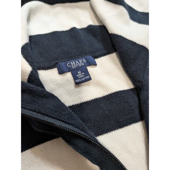 CHAPS Black White Striped Knit Long Sleeve Sweater Zip Front Size M - Picture 4 of 6